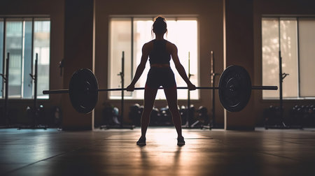 Rear View Woman doing exercise with barbell. Generative AIの素材