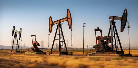Oil beam pump or Oil pumps, Various energy sources - natural gas plant, wind power, Generative AIの素材