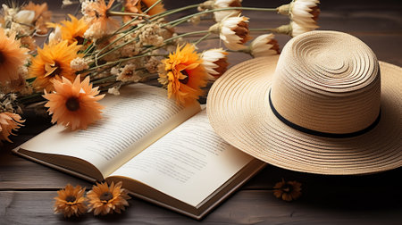 Harmony in Simplicity, Adorned Tabletop with Hat, Book, and Blooms flowers. Generative AIの素材