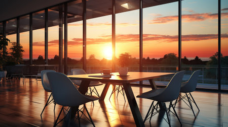 Empty Office with a table and chairs, well as Sunset-Filled Window. generative AIの素材