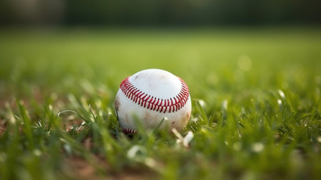 Baseball ball on the green lawn, Generative AIの素材