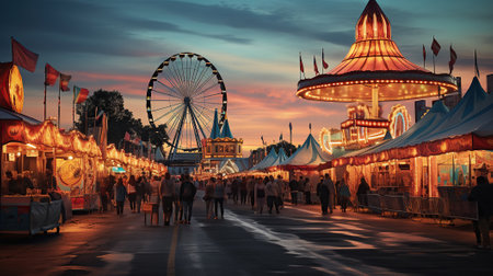 Twilight Festive Spectacle, Colors Come Alive at a Summer Carnival. Generative AIの素材