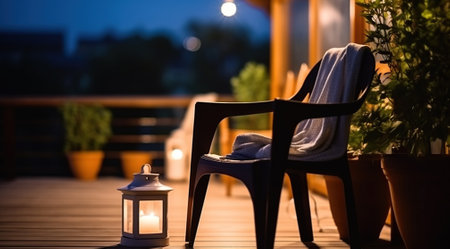 Evening Glow, Candle Illuminating a Terrace Chair on a Summer Night. Generative AIの素材