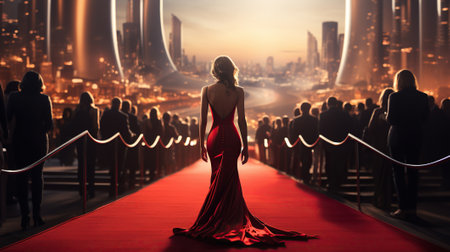 Woman walking on red carpet. Illustration. Generative AIの素材