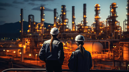 Back View, Refinery industry engineer are working and discussing at front oil and gas industrial factory,Oil refinery plant for industry. Generative AIの素材