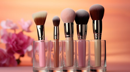 Elegance in Detail: Makeup Brushes Arranged on a Pastel Canvas. Generative AIの素材
