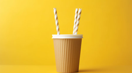Disposable cardboard biodegradable cup on a table with a straw against a yellow background. Generative AIの素材