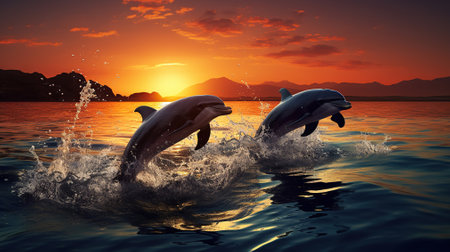 Dolphins' Silhouettes Soar in Sunset's Glow. Generative AIの素材
