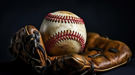 Baseball in a glove on black background. Generative AIの素材