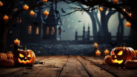 Empty wooden table - Halloween background. Generative AIの素材