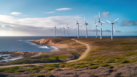 Coastal Wind Farm's Graceful Turbines. Generative AIの素材