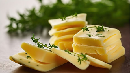 Cheese slices with fresh herbs, Generative AIの素材