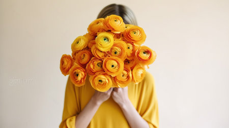 Conceptual portrait of young woman wearing mustard yellow dress covering her head with lush ranunculus. Female hiding behind beautiful bouquet of bright flowers. Close up, copy space, Generative AIの素材