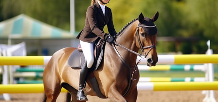 Equestrian sports. Light-brown horse and girl in uniform going to jump. Generative AIの素材