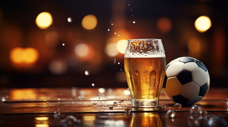 Enjoying Cold Beer and Sports with a Soccer Ball Backdrop. Generative AIの素材
