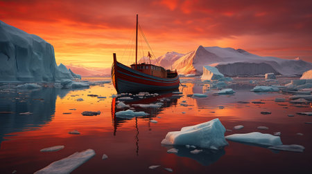 Beautiful Arctic Sunset: Icebergs and Red Boat. Generative AIの素材