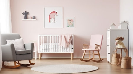 White and Pink Scandinavian Baby Room with Rocking Horse. Generative AIの素材