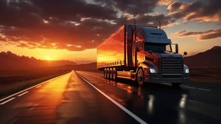 Golden Trails of Commerce, Highway Horizons and the Transport-Oil Nexus at Dusk. Generative AIの素材