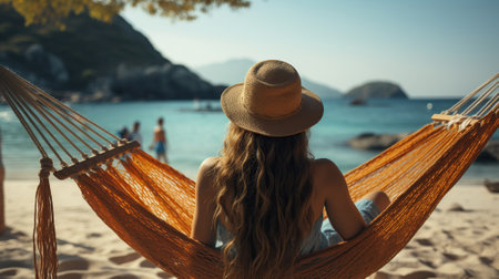 Traveler's Tranquility in a Hammock by the Sea. Generative AIの素材