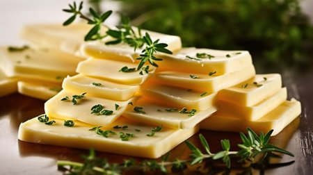 Fresh Cheese Slices Adorned with Fragrant Herbs. Generative AIの素材