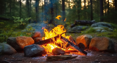 Burning Campfire in the forest, Generative AIの素材