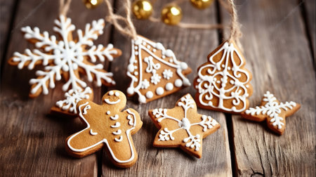Festive Flavors on Display, Gingerbread Cookies Gracing a Wooden Table. Generative AIの素材