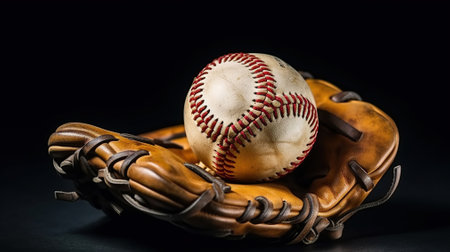 Baseball in a glove on black background. Generative AIの素材