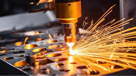 CNC Laser cutting of metal, modern industrial technology. Generative AIの素材