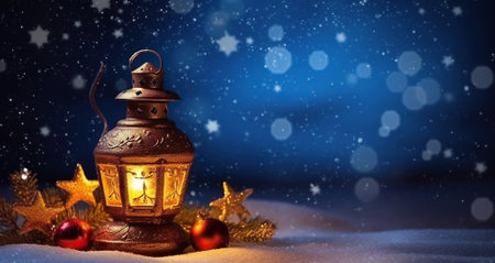 Celestial Festivities, Christmas Lamp and Shooting Stars Set the Scene. Generative AIの素材