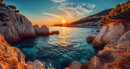 Colorful morning scene. Beautiful spring scenery. Fantastic sunrise Picturesque seascape. Generative AIの素材