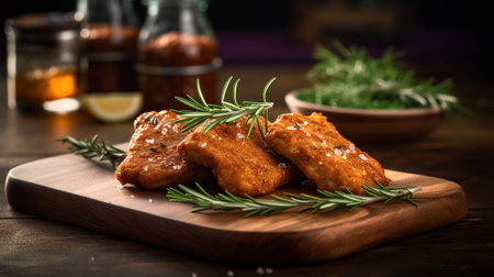 Rosemary-Infused Chicken Tender Steak Displayed on Wooden Board. Generative AIの素材