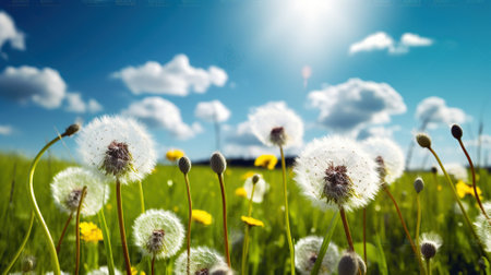Dandelions in the grass, Fresh Meadow with Dandelions in Full Bloom. Generative AIの素材