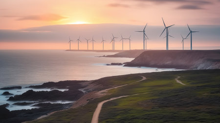 Seaside Energy Symphony: Turbines Dancing in the Coastal Wind. Generative AIの素材