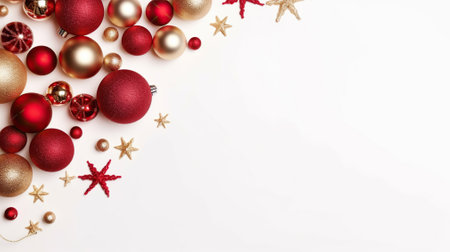 Christmas composition. Christmas red and golden decorations on white background. Generative AIの素材