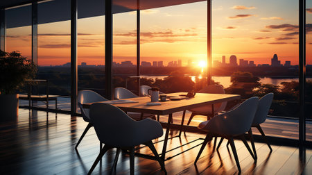 Embracing Sunset in the Empty Office with a table, chairs, and a large window. Generative AIの素材