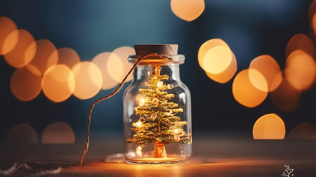 Close-up, Elegant Christmas tree in glass jar with bokeh lights background, Christmas and new year concept. Generative AIの素材