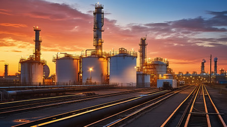 The Enchanting Glow of an Oil Refinery at Sunset. Generative AIの素材