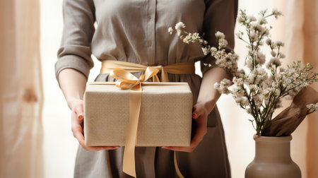 Easter basket with presents. Gift box in female hands with spring flowers on light natural fabric background. Generative AIの素材