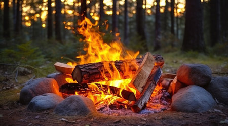 Burning Campfire in the forest, Generative AIの素材