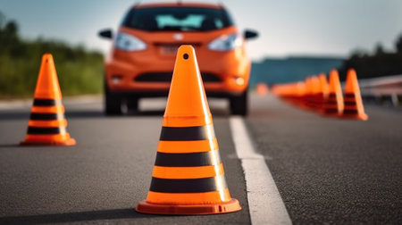 Car Maneuvers Amidst Traffic Cones at Driving School. Generative AIの素材