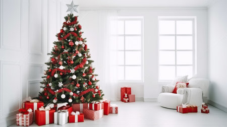 Christmas tree with red gifts in the white room Christmas, Generative AIの素材