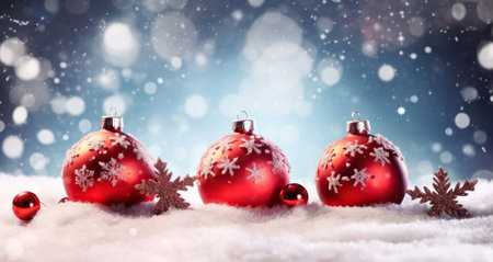 Snowflakes Grace Red Baubles in Whimsical Christmas Display. Generative AIの素材