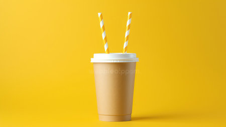 Disposable Cup and Straw Against a Sunny Yellow Backdrop. Generative AIの素材