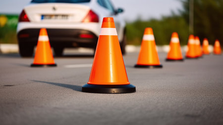 Car and traffic cones, driving school concept, Generative AIの素材