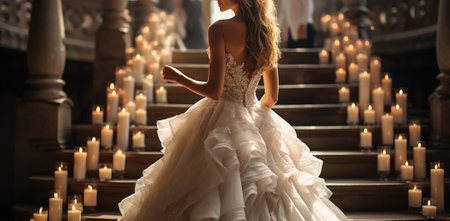 Eternal Elegance, Enchanting Moments of a Bride with white dress Amid Glowing Candlelightの素材