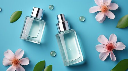 Captivating Flat Lay Featuring Lotion, Serum, and Spray on a Blue Cosmetics Canvas. Generative AIの素材