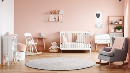 Bright scandinavian baby room with rocking horse, white nursery and pink armchairs, posters on the wall. Generative AIの素材