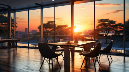 Empty Office with a table and chairs, well as Sunset-Filled Window. generative AIの素材