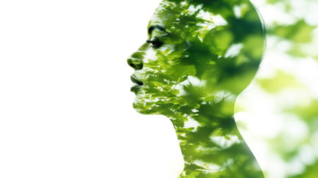 Beauty, nature and ecology concept - portrait of woman profile with green tree foliage with double exposure effect. Generative AIの素材