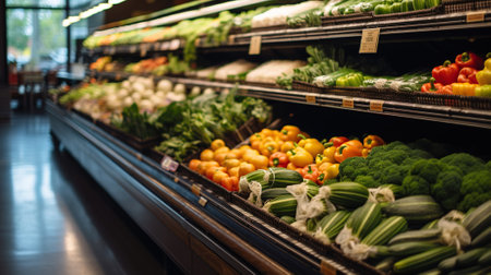 Vibrant grocery store aisle brimming with an array of fresh produce and wholesome whole foods, Generative AIの素材